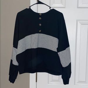 cropped black and grey button up striped blouse